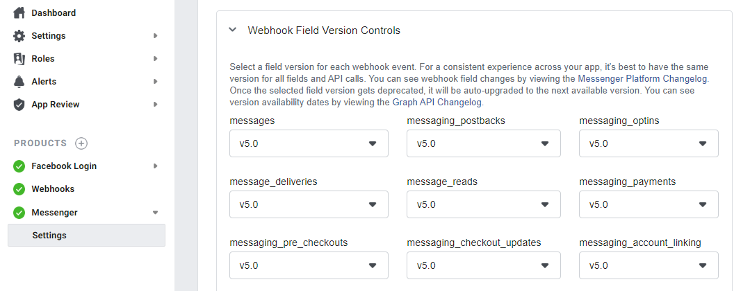 Configurações da versão de eventos de Webhook