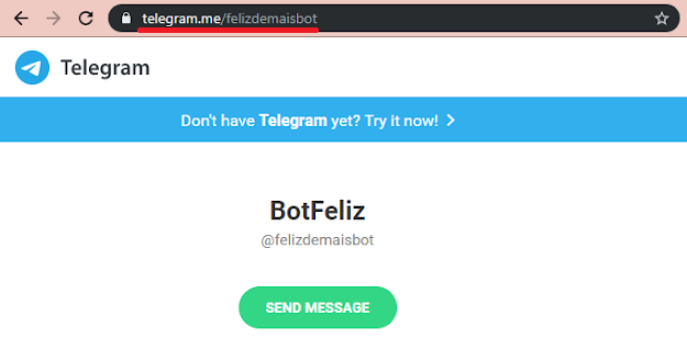 Exemplo da pesquisa de um bot no Telegram através de um link